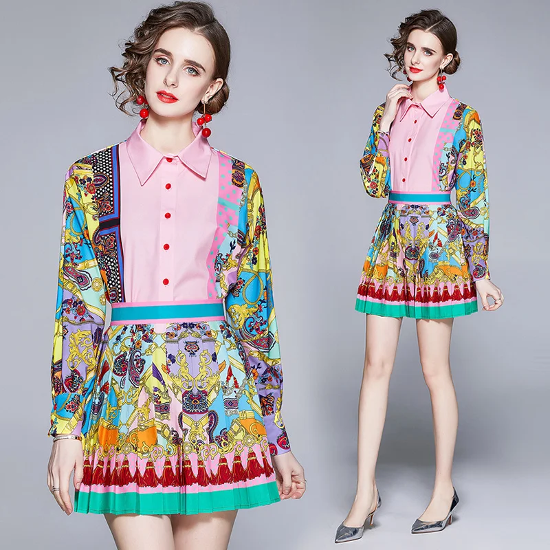 

Spring Women New Fashion Print Button Shirt Pleated Mini Skirt Lady Set