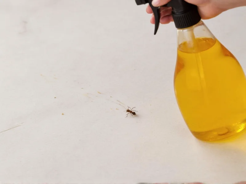 Vinegar spray bottle applied to kitchen countertop ant trail