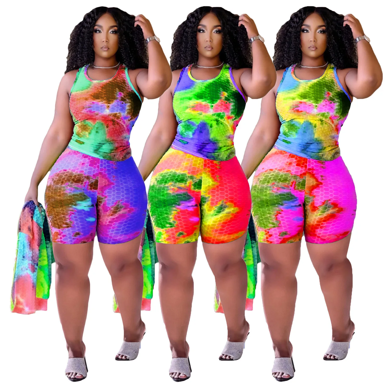 

Hot sale 2021 summer shorts set women sleeveless set women tie dye set 2 pieces