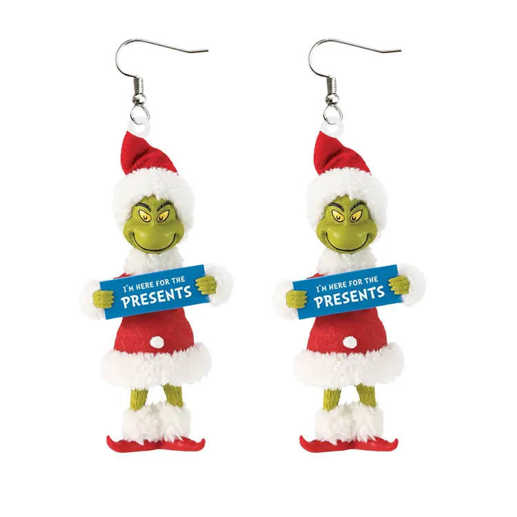 

Europe America New Design Christmas Earrings Gifts Creative Acrylic Cartoon Green Monster Grinch Dangle Earrings for Women Girls