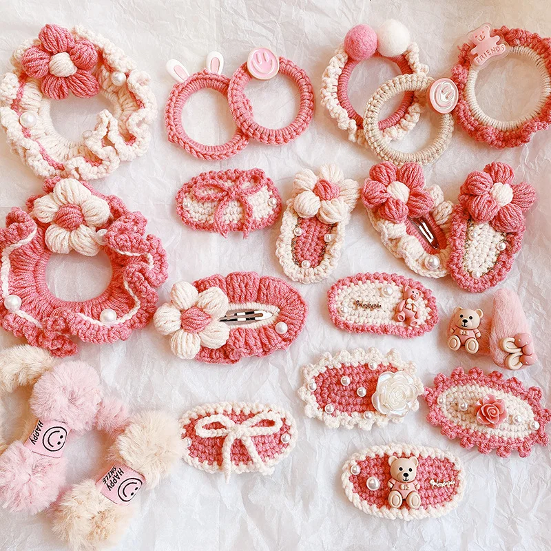 

Girls Hair Accessories Handmade Yarn Crochet Flower Scrunchies Hairpin Hair Rope Knitted Pink Flower Bow Pearl Bear BB Hair Clip