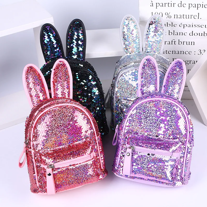

Children Mini Sequins Backpack Purse Cute Leather Kids School Bags For Girls Small School Backpack Baby's Rabbit Ear mini bags, As picture