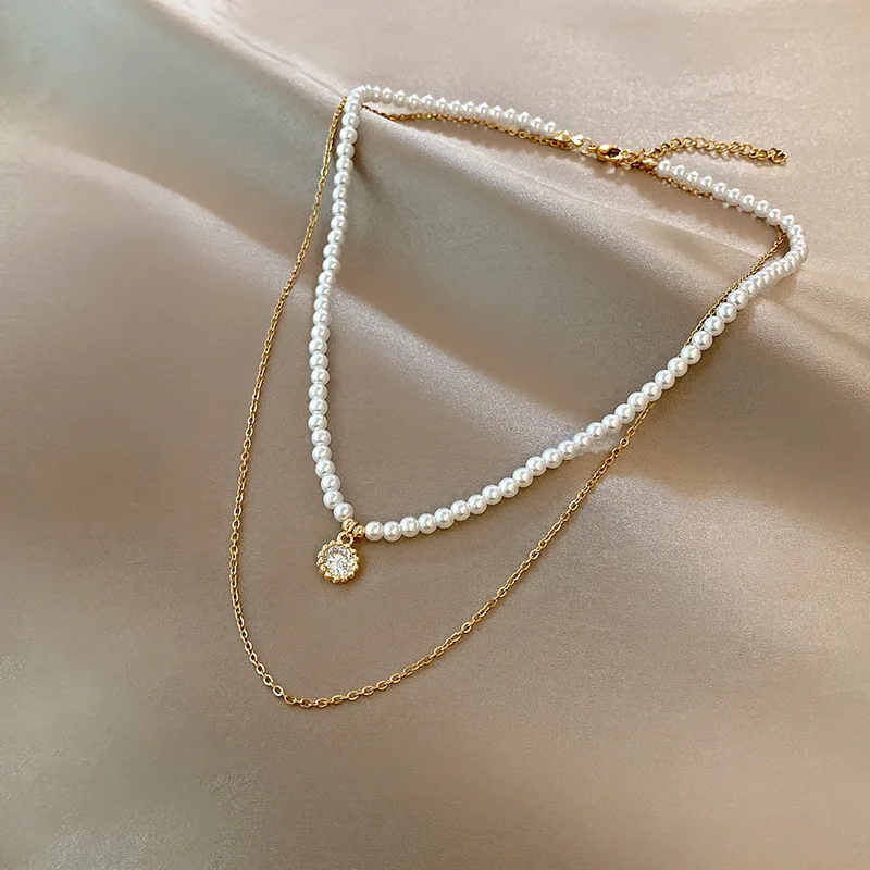 

2022 New Arrival Double Layered Chains Stainless Steel Necklace French Style Baroque Freshwater Pearl Choker Necklace