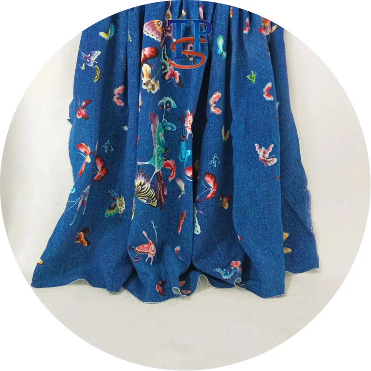 
40MM custom blue butterfly digital printing 95% silk 5% elastic spring heavy crepe de chine fabric 