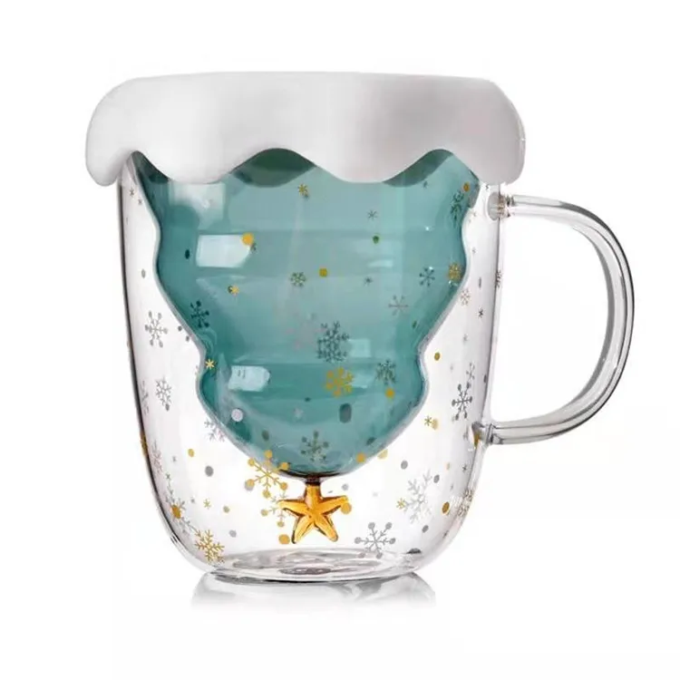 

2019 new design double wall glass christmas tree mugs for coffee drinking, Green