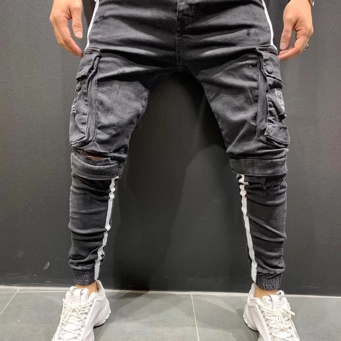 

D New stretch men's jeans trendy knee hole zipper tooling wind big pockets trousers with small feet, 2 color