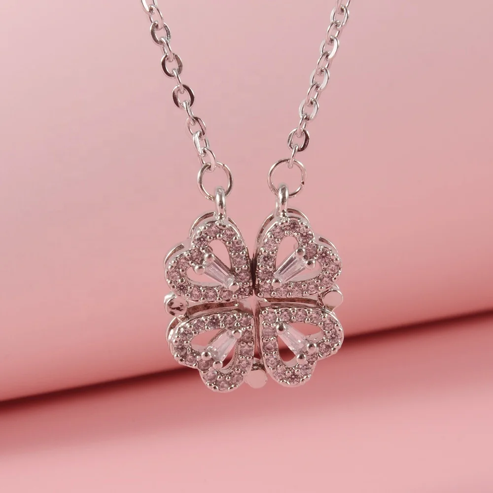 

New Trendy Four-leaf Clover Necklace Zircon Magnetic Heart-shaped Pendant Stainless Steel Chain Jewelry For Women