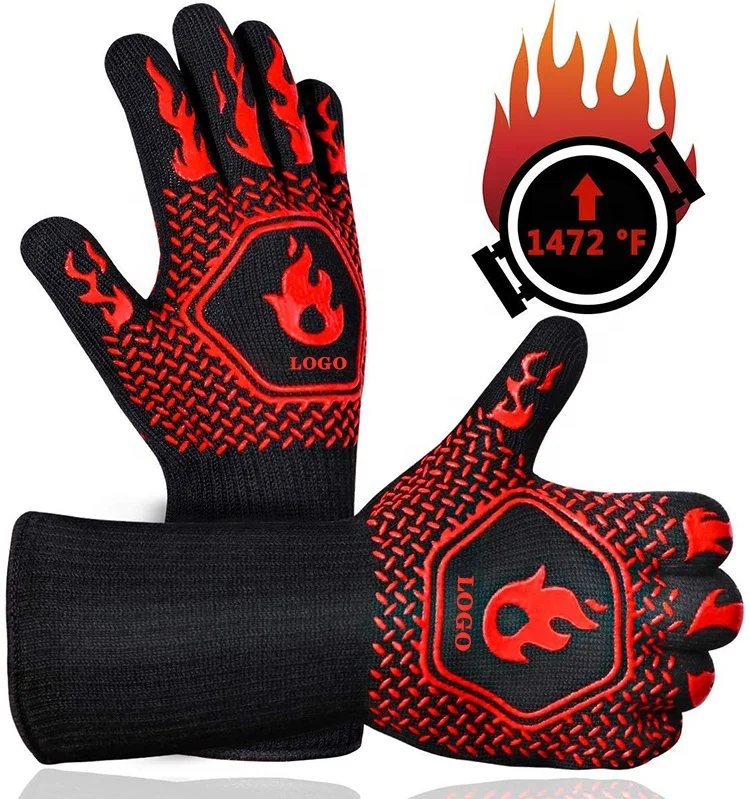 

FBA Custom Logo Black Aramid Barbeque Oven Mitts OEM For Kitchen Cooking 932F Extreme Heat Resistant BBQ Grill Gloves