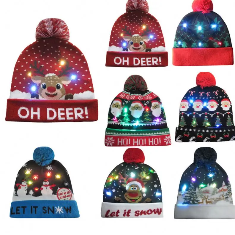 

Christmas accessories Festive LED lights Christmas hats lovely warm elk and Santa Claus kids pompom luminous hat knitted hat