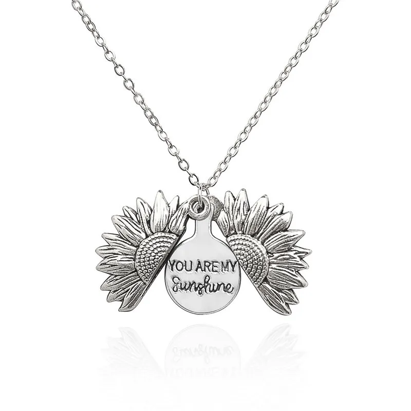 

Wholesale Antique Gold Silver Open Locket You Are My Sunshine Sunflower Pendant Necklace For Women