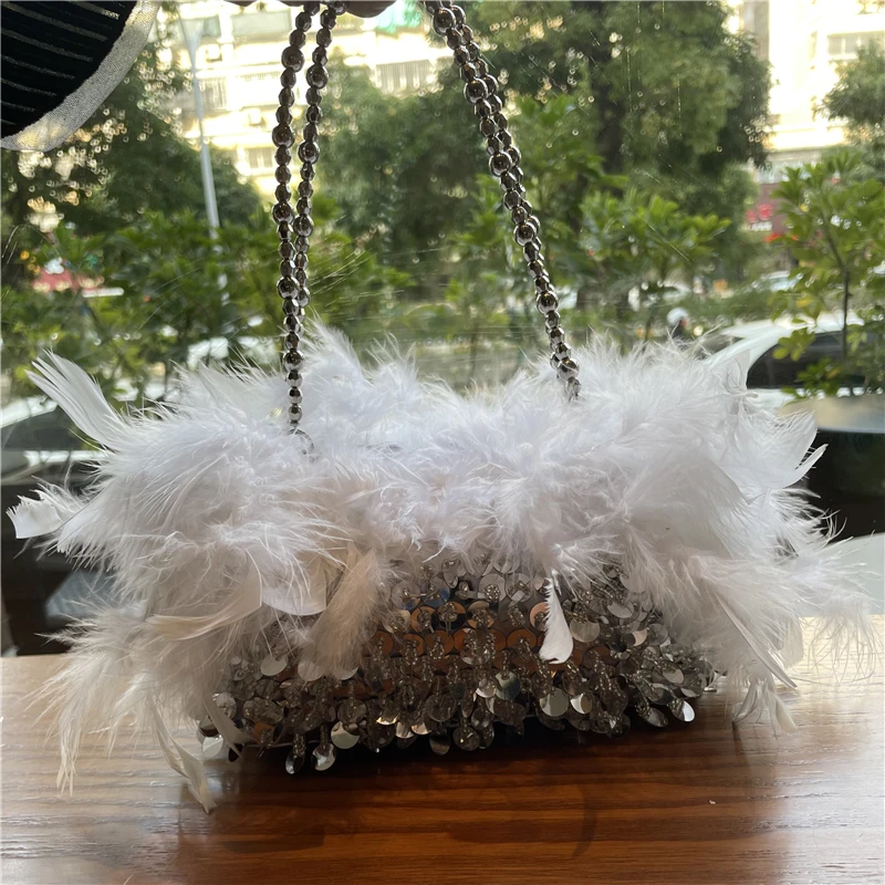 

Ostrich feather wedding evening dinner party sequin fur bag fur tote bag clutch bag evening, White