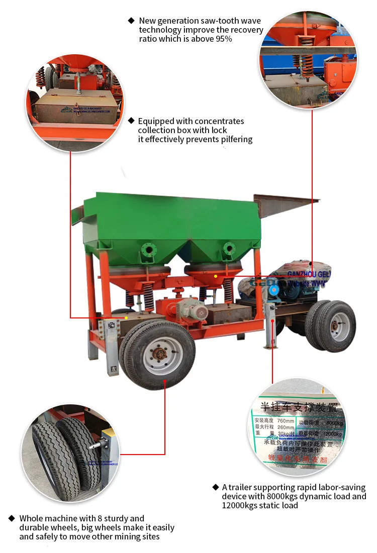 Mobile Type Gold Diamond Gem Precious Minerals Jigger Extraction Washing Machine With Gear Box
