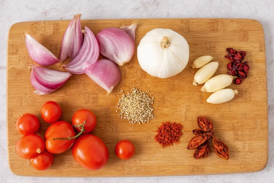 Step-by-step preparation of homemade chili ingredients including fresh tomatoes, onions, garlic, and various dried chilies arranged on wooden cutting board