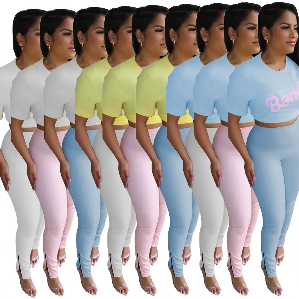

2020 Hot selling fashion short sleeve and long pants casual women clothing two piece set, As pictures