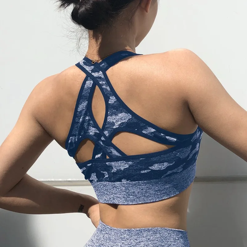 

Camouflage Back Cross Sports Bra Quick Dry Running Athletic Underwear Women, Customized colors