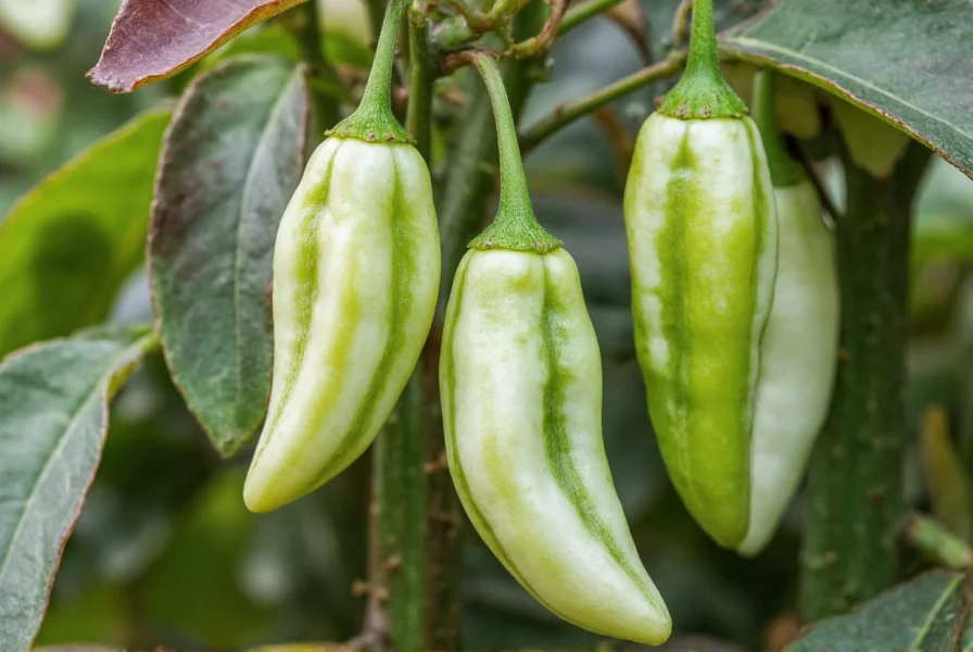 Close-up of fish pepper plant showing variegated white and green striped peppers growing on bush with purple-tinged leaves