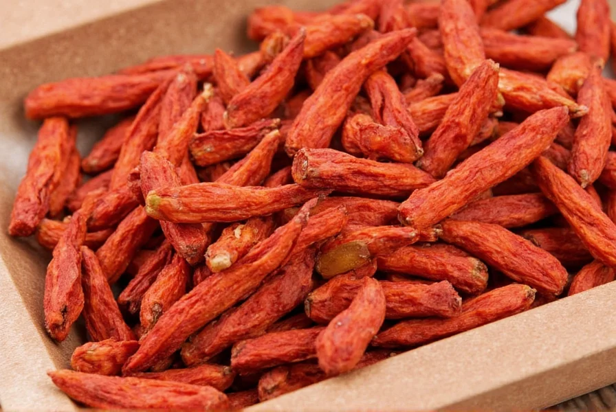 Spices on wooden table including Szechuan peppercorns