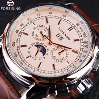

Dropshipping FORSINING Moon Phase Shanghai Movement Rose Gold Case Brown Leather Strap Automatic Self Wind No Battery Watch