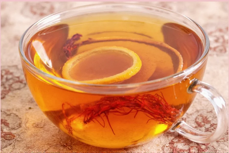 Golden saffron tea in white ceramic cup with saffron threads and fresh lemon slice