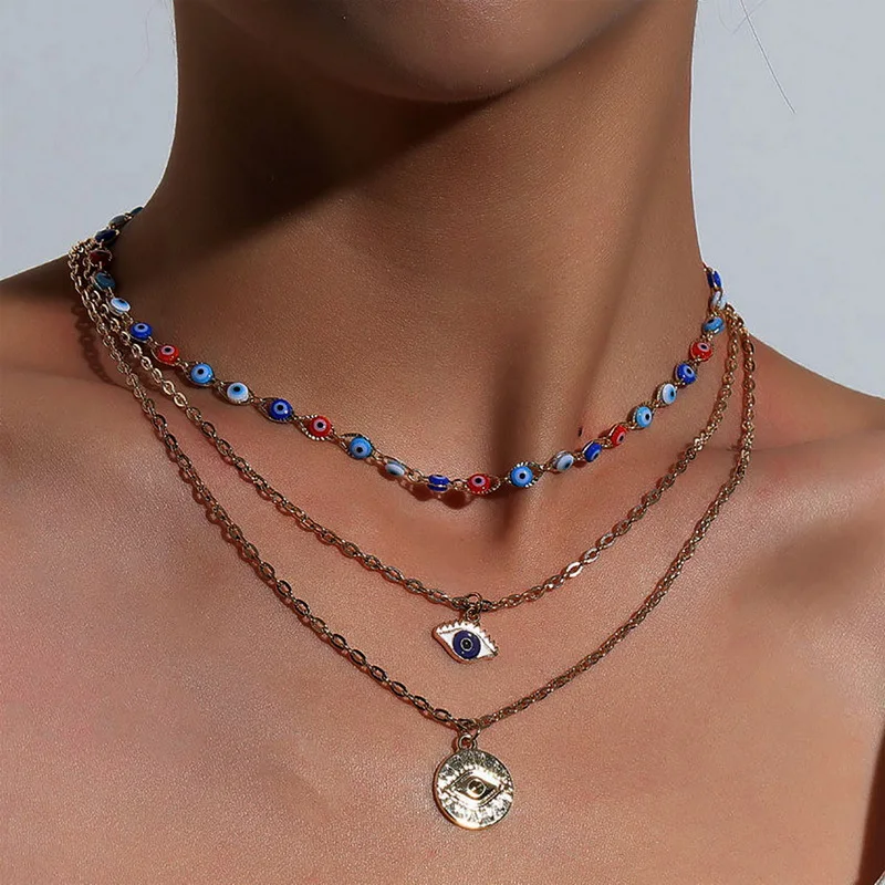 

Boho Hotsale Design Colorful Evil Eyes Bead Necklace Multi Layered Turkish Beads Necklace For Girls