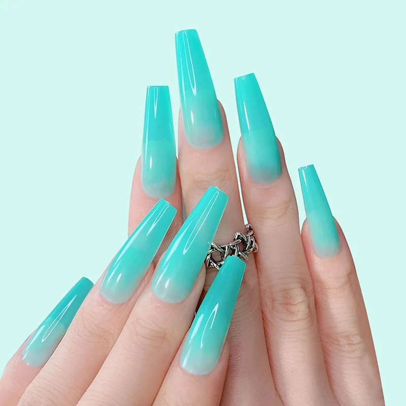 

24 pcs Light Blue Glossy Solid Color Extra Long coffin nail tips 12 different sizes Press On full cover nails tips