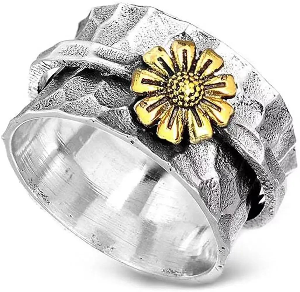 

Vintage Boho Mother's Day Gifts Rings Wide Band Spinner Fidget Anxiety Ring Sunflower Natural Rotating Ring for Women, Silver color