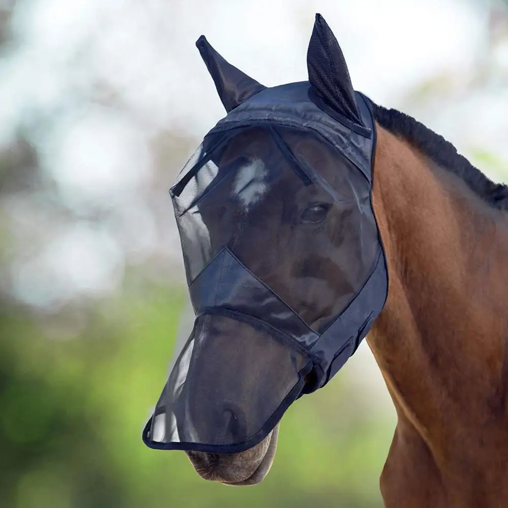 

High Quality Different Sizes Soft Comfortable Anti-mosquito Breathable See- Through Mesh Horse Fly Mask with Ears, Black