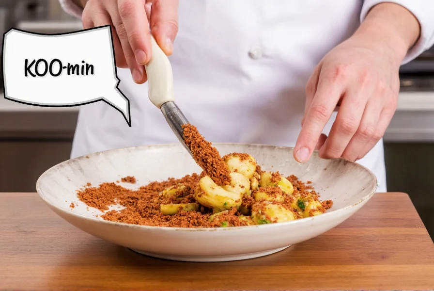 Chef using cumin in cooking with speech bubble showing correct KOO-min pronunciation