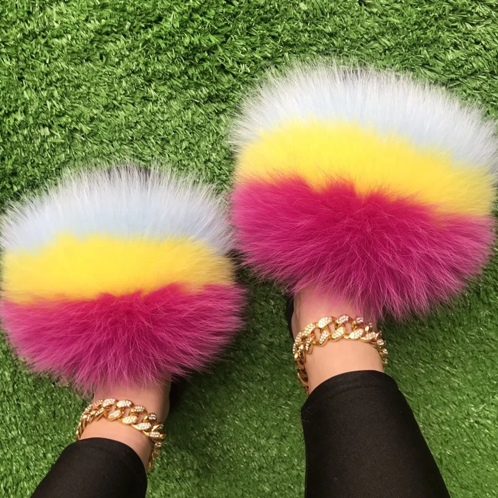 

Good quality fur slippers slide footwear slipper fox fur sandals pink white fox fur slides, Color matching or can be customized according to requirements
