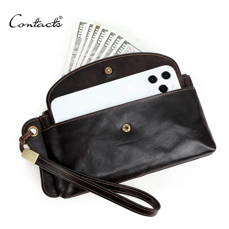 

CONTACT'S vintage cow leather big capacity phone pocket zipper coin pocket casual long Cellphone pocket wallet with wrist handle, Coffee or customize