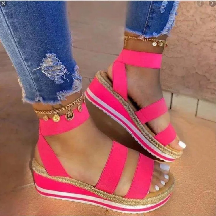 

New Wholesale Women's Sandals Casual Ladies Shoes And Sandals Footwear High Heels Strap Cross Wedge Sandals Chaussures Femme, Multi, hot pink, black, red, green, black&pattern