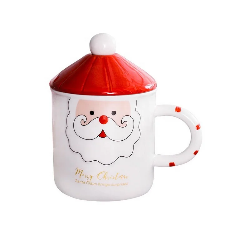 

creative fancy white merry christmas porcelain cup santa claus cartoon ceramic mug with red lid and spoon, 4 colos