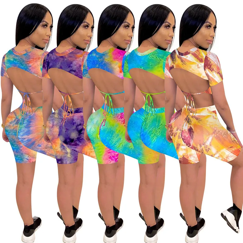 

FS1104D latest design women Tie-Dye crop tops and shorts clothing sets