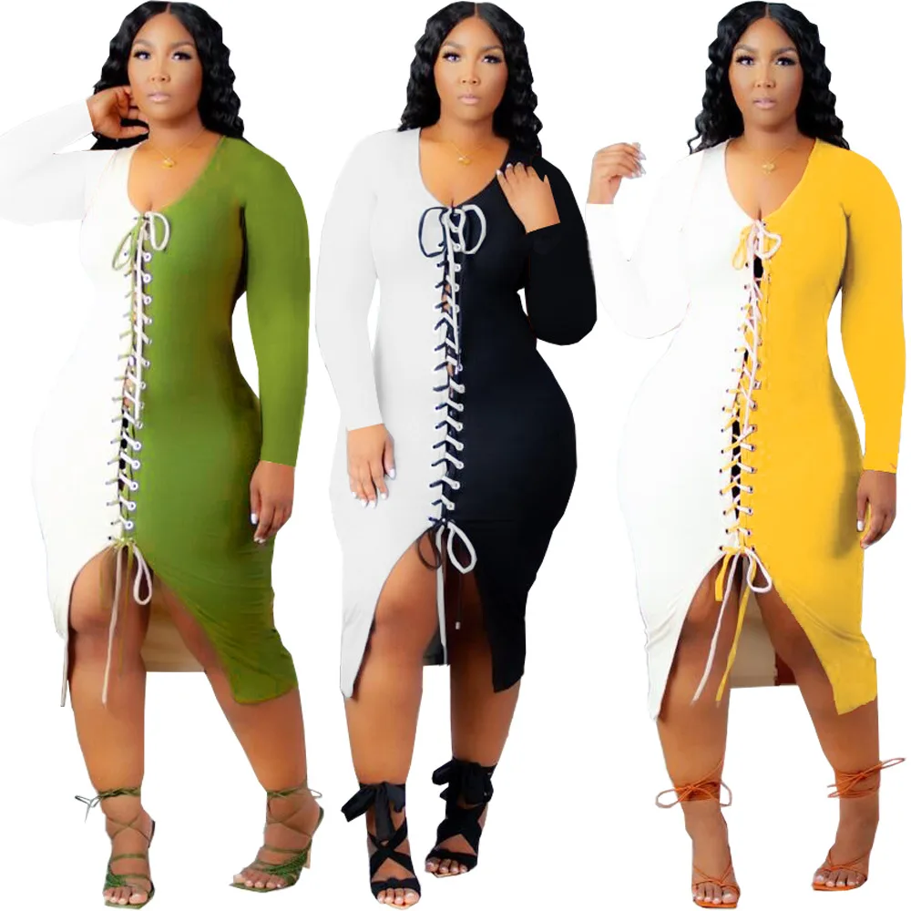 

2021 Casual Fall Dresses Bodycon Long Sleeve Ladies Patchwork Bandage Women Clubwear Maxi Dresses, Picture color