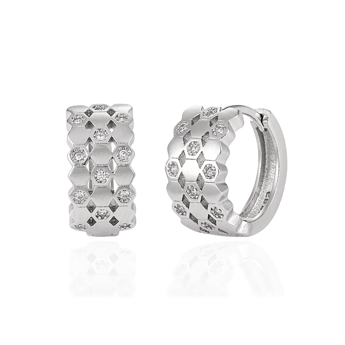 WMET598 S925 Sterling Silver Fashion Temperament Honeycomb Geometric Hoop Earrings with Cubic Zirconia Luxurious Look