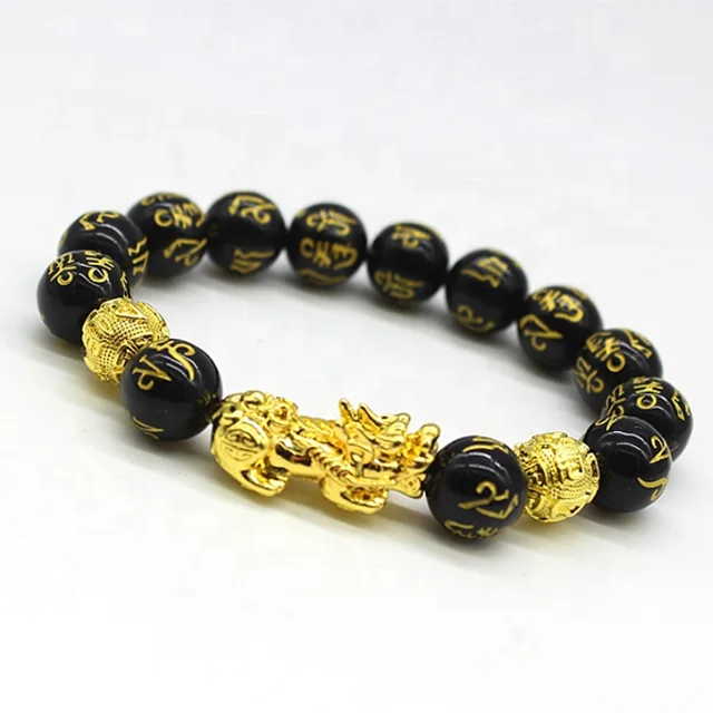 

Custom Bracelet Adjustable Elastic Pi Xiu Gold Bracelet Feng Shui Black Obsidian Wealth Mens Bracelet For Women