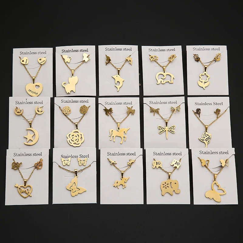 

Fashion Animal Flower Butterfly stainless steel charms Pendant Necklace Sets For Women Gold Color Chain Necklace Earrings Jewelry Gifts