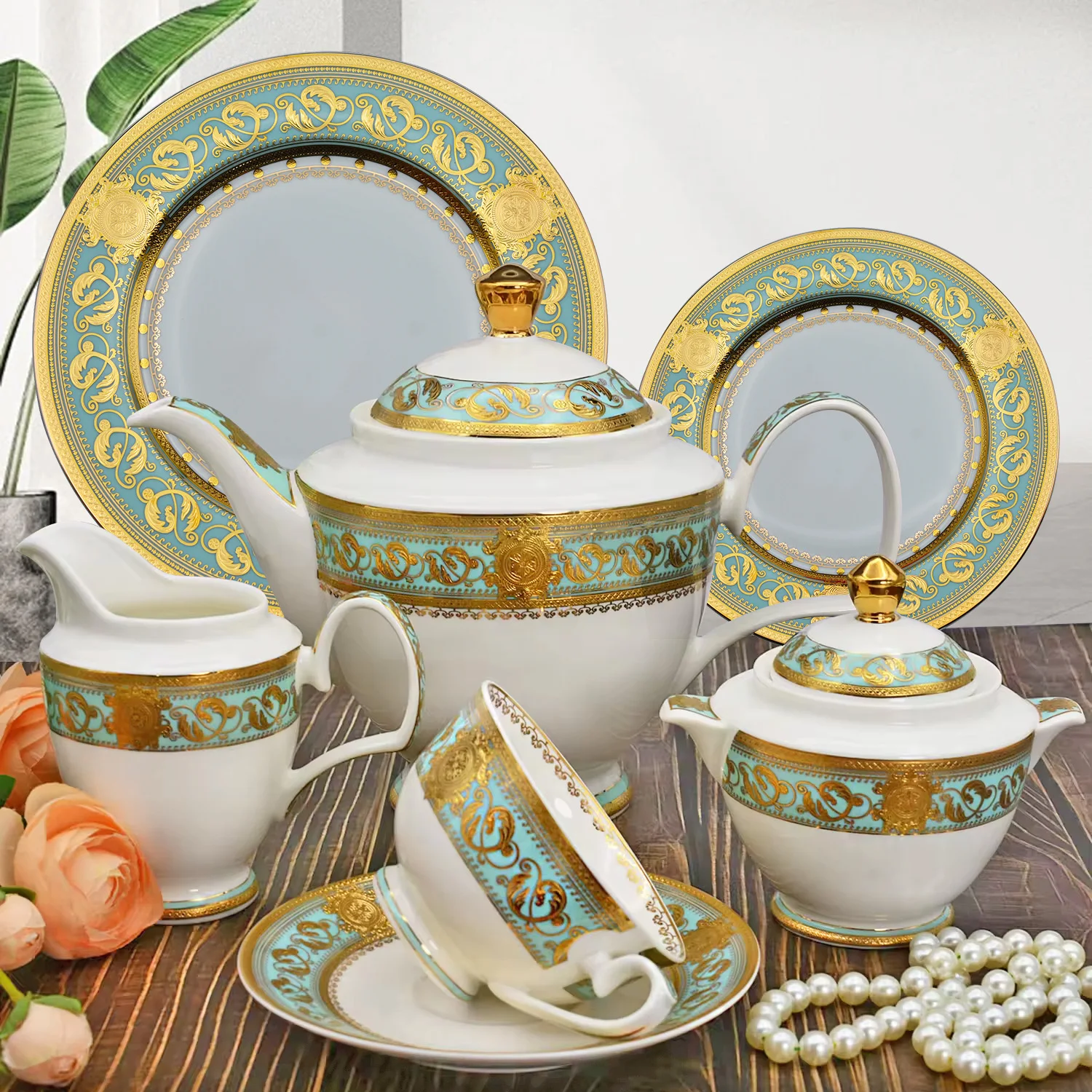 Quick Shipping 24pcs Embossed Gold  200cc Coffee Tea Cup Sugar Milk Pot Teapots Dinner Plate Dessert Plates Set Luxury
