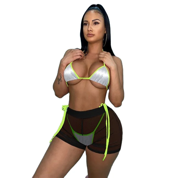 

2021 Summer Mature Women Two Piece Swimsuit Sexy Mesh Sequined Shorts Bikini Sets Swimwear