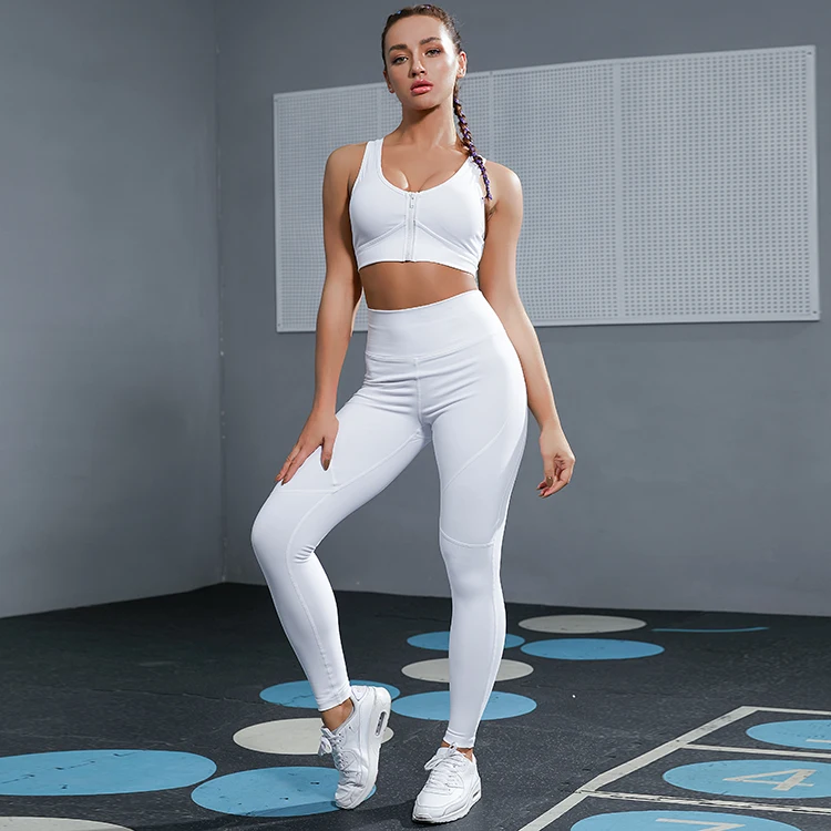 

private label two piece yoga exercise set fashion design zipper sports bra custom white gym set, Various color available