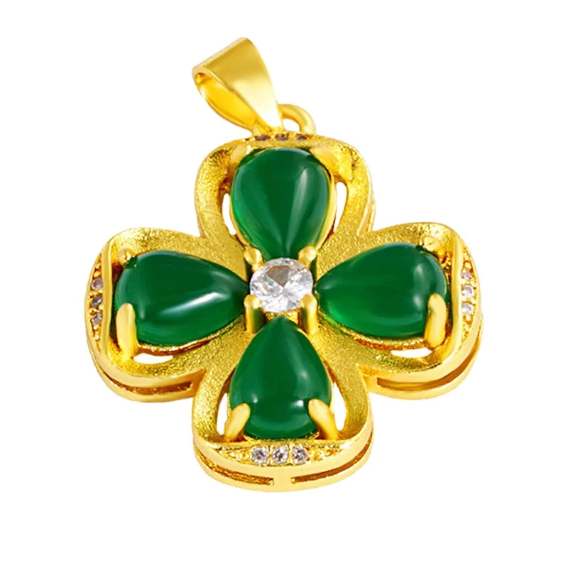 

Certified Four-Leaf Clover Aventurous 24K Yellow Gold Inlaid Heart-Shaped Jasper And White Chalcedony Pendant Female