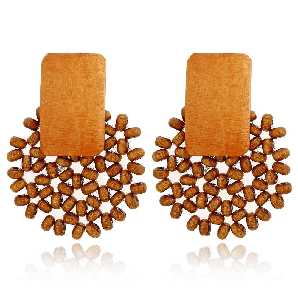 

Fashion Boho Handmade Geometric Wooden Bamboo Rattan Straw Weave Drop Earrings Bohemian Jewelry, White brown