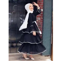 

LY812# Arab Women's Robe Dress Long Skirt Islamic Clothing Muslim Fashion Gown Cake Layer Black and White Dress Women Abaya