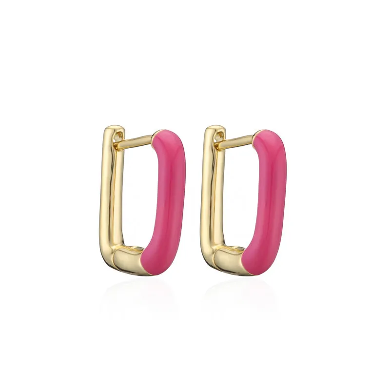 

Chic Stylish Colorful Enamel Geometric Rectangle Hoop Earrings Real Gold Plated Oil Drop U Shape Huggie Earrings