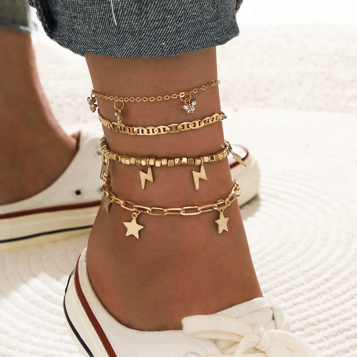 

New Arrival 4pcs/set Multilayers Handmade Beads Lightning Charm Ankle Bracelet Sandal Pig Snout Chain Butterfly Star Anklet Set, Gold