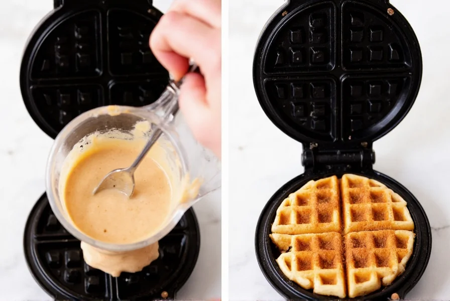 Step-by-step cinnamon waffle preparation showing batter pouring into waffle iron and finished product with cinnamon sugar coating