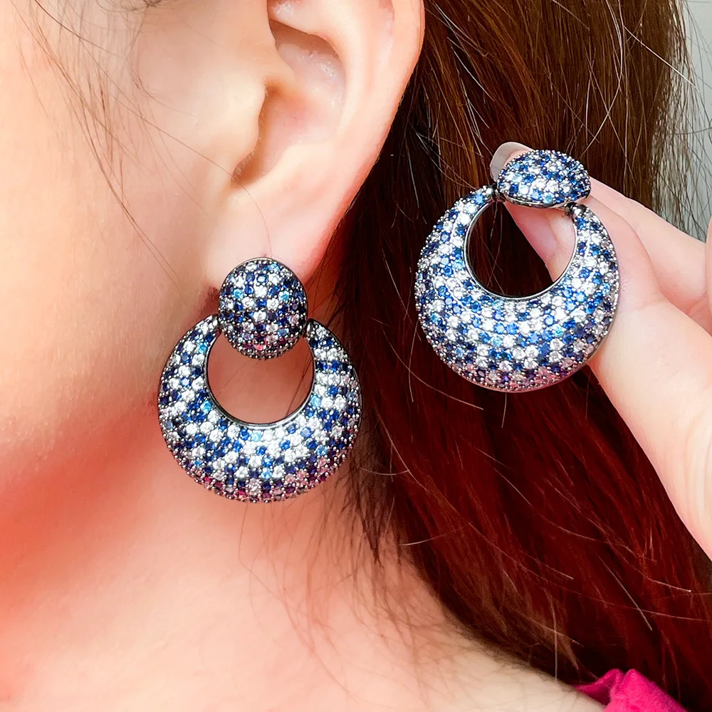 Trendy Brass Black Gun Plated Blue Cubic Zircon Luxury Oversize Bridal Party Wear Round Drop Earrings for Women Unique Jewelry