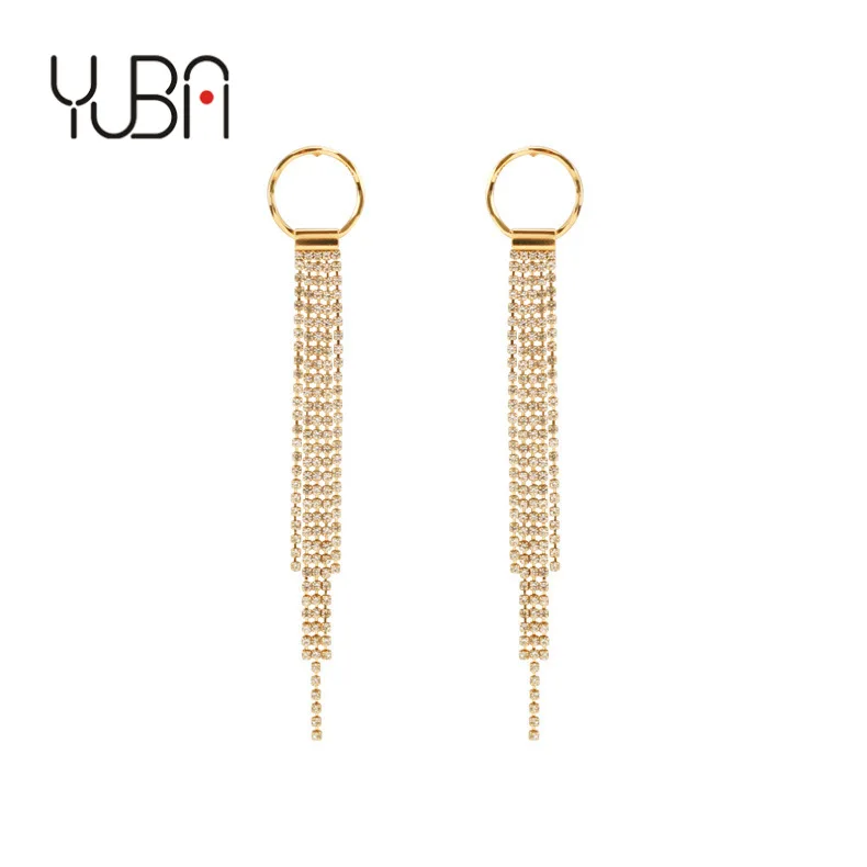 

Hot sale gold plated Bling diamonds long tassel earring round hollow full diamond rhinestone drop studs earrings for women, Picture shows