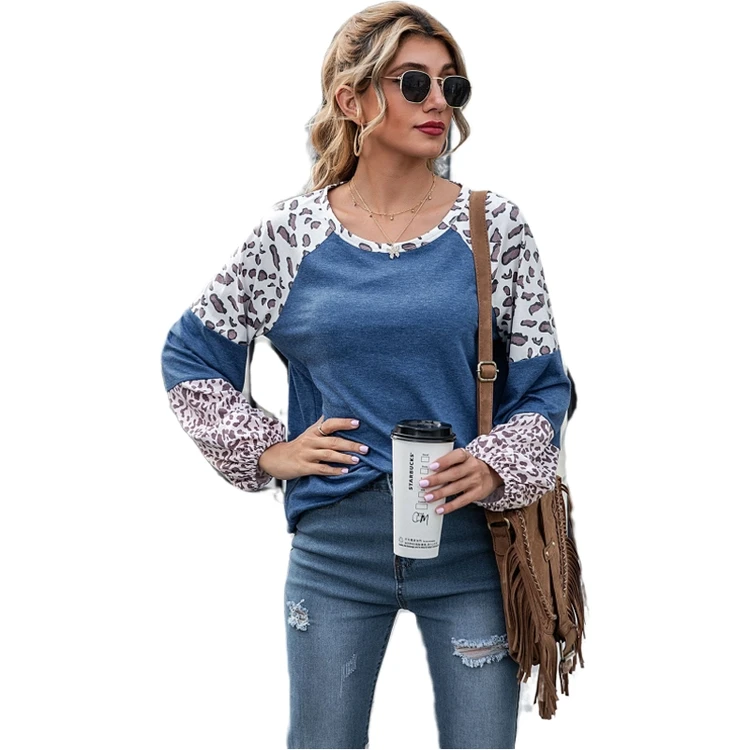 

European And American Splicing Round Collar Ladies Blouse Casual Long Sleeve Leopard Blouse For Women, Red, khaki, green, black, pink,yellow, white, blue, gray, skin, coffee