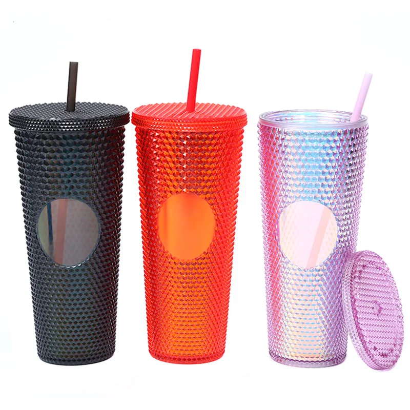 

2022 Amazon best seller 16 24oz Cold Coffee Mug Cups Double Wall Plastic Iridescent Matte Stud Tumbler with Straw Summer